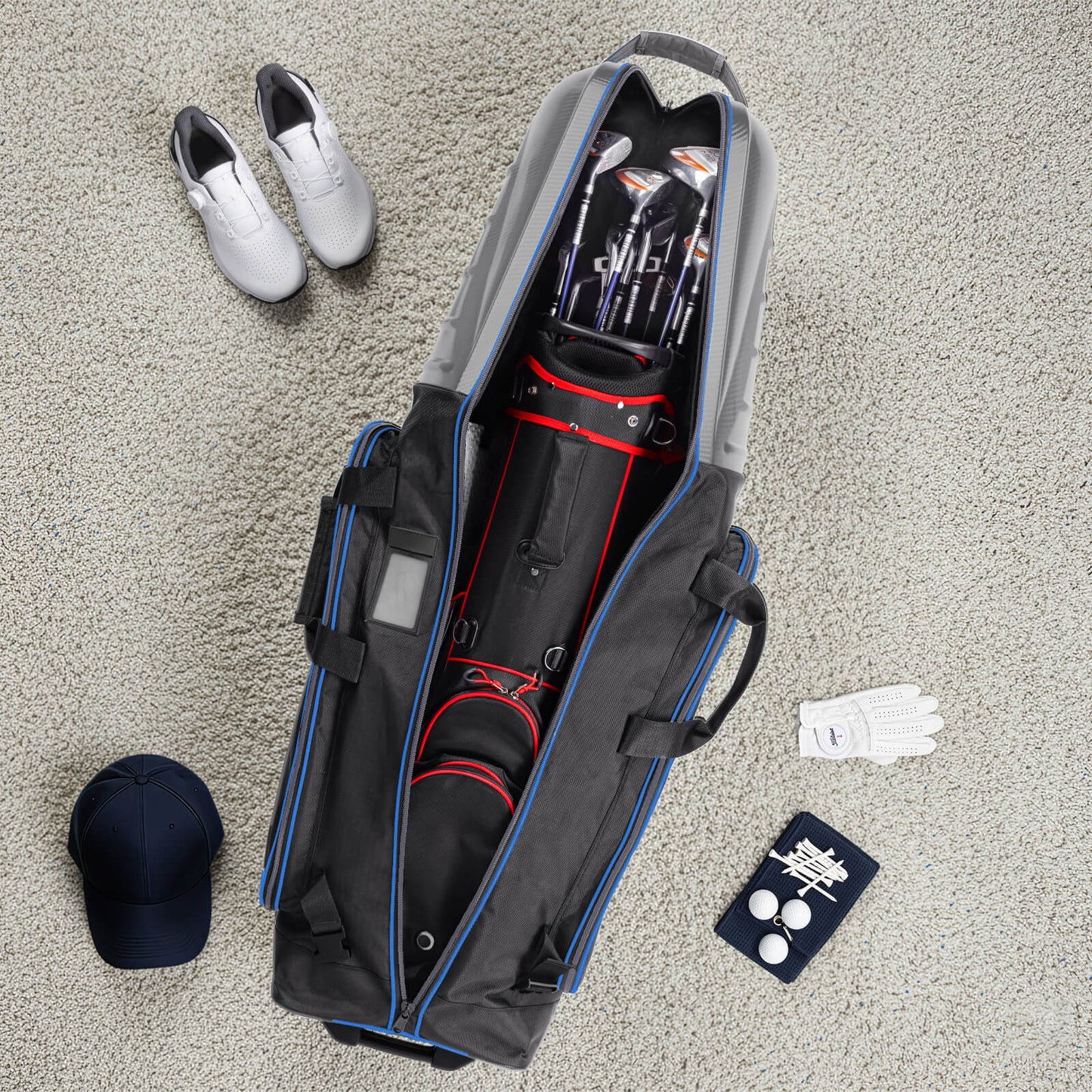 Golf Travel Bags for Airlines with Carbon Fiber Hard Top, Protective Club Traveling Cover with Wheel, Golf Club Carrier Case for Airplanes, Thick Padding, Durable Zippers and 2 Sided Spacious Pockets