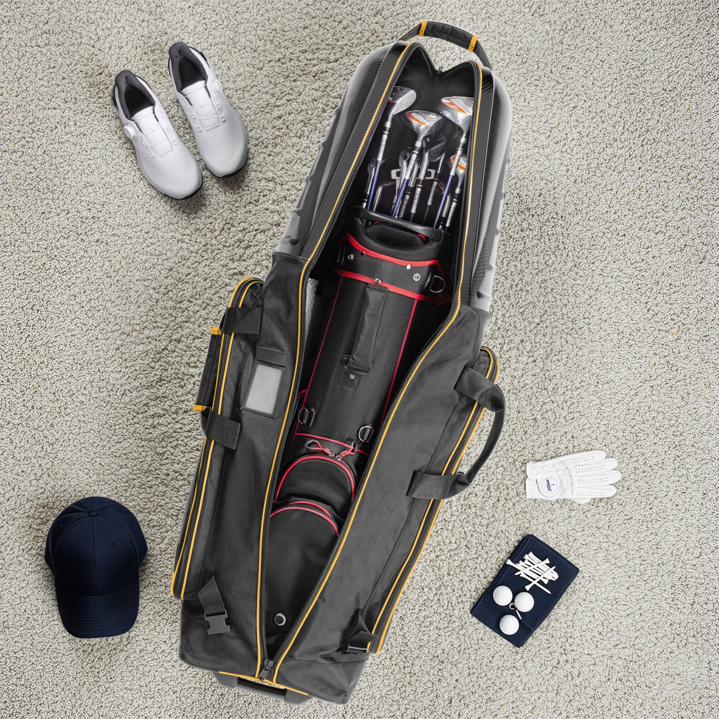 Golf Travel Bags for Airlines with Carbon Fiber Hard Top, Protective Club Traveling Cover with Wheel, Golf Club Carrier Case for Airplanes, Thick Padding, Durable Zippers and 2 Sided Spacious Pockets