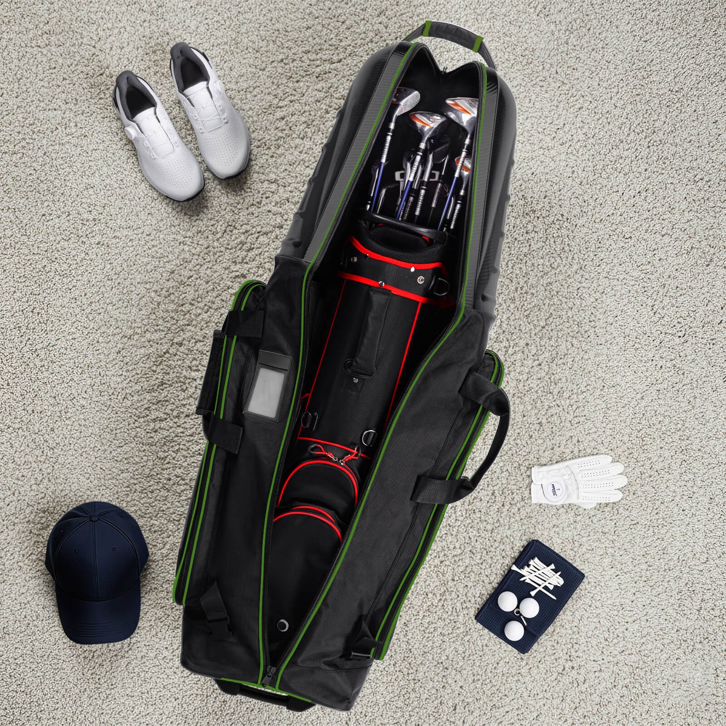 Golf Travel Bags for Airlines with Carbon Fiber Hard Top, Protective Club Traveling Cover with Wheel, Golf Club Carrier Case for Airplanes, Thick Padding, Durable Zippers and 2 Sided Spacious Pockets