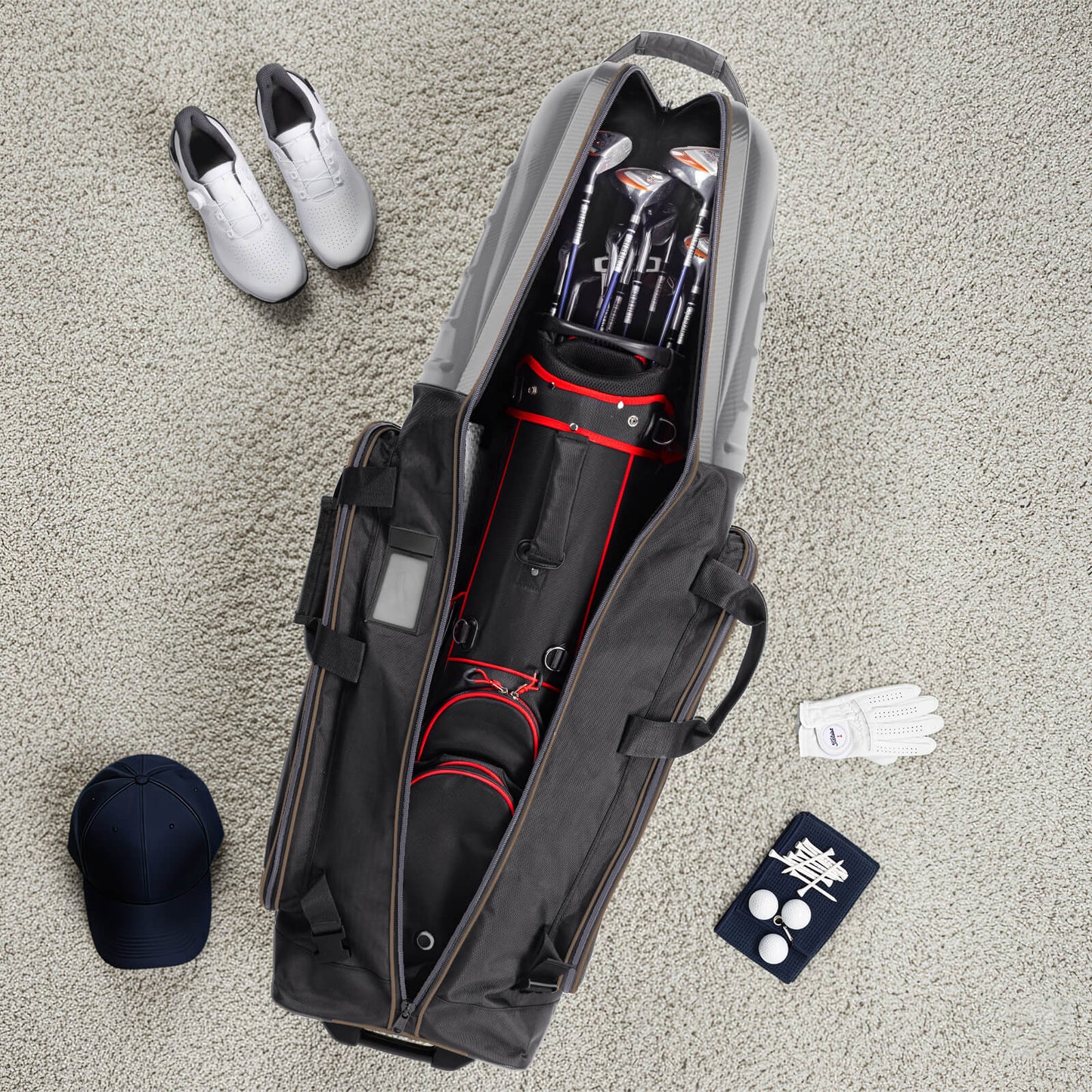 Golf Travel Bags for Airlines with Carbon Fiber Hard Top, Protective Club Traveling Cover with Wheel, Golf Club Carrier Case for Airplanes, Thick Padding, Durable Zippers and 2 Sided Spacious Pockets