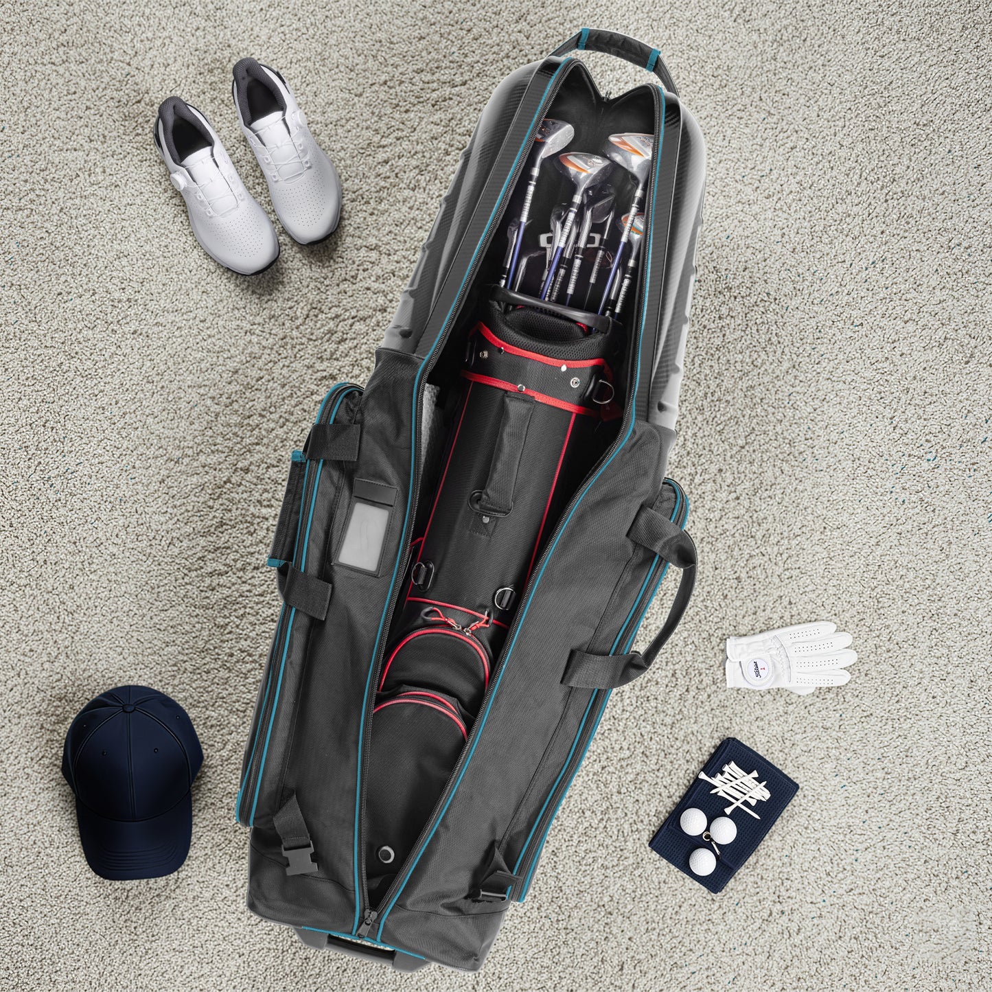 Golf Travel Bags for Airlines with Carbon Fiber Hard Top, Protective Club Traveling Cover with Wheel, Golf Club Carrier Case for Airplanes, Thick Padding, Durable Zippers and 2 Sided Spacious Pockets